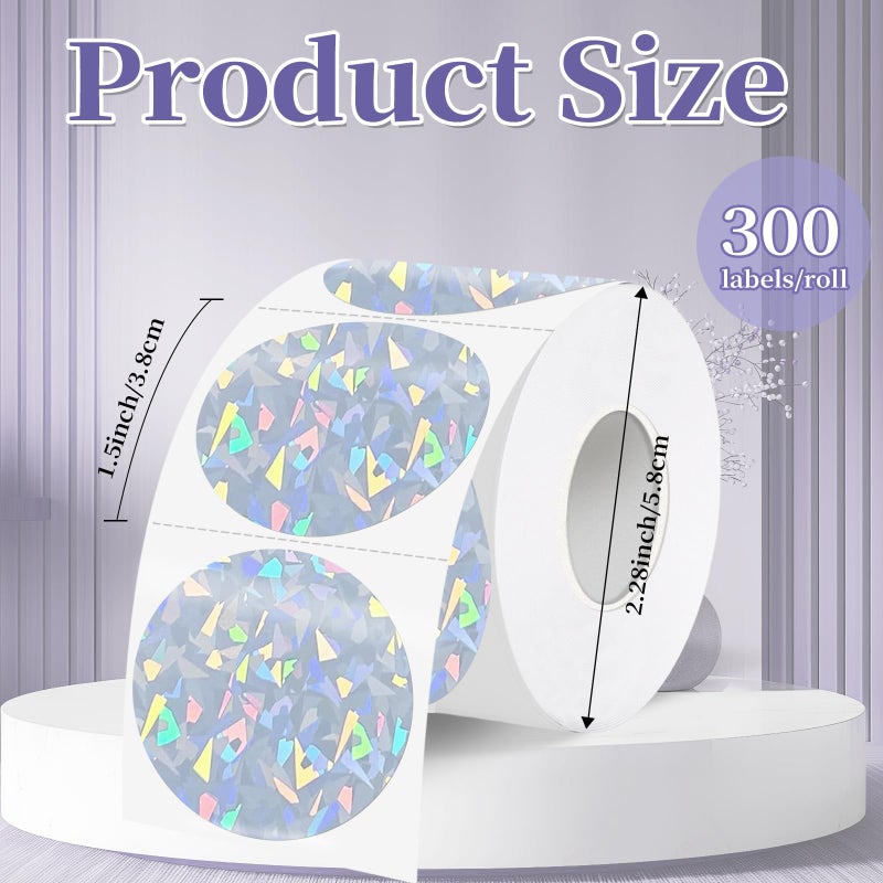 WANGHENG 1.5 Inch Thermal Labels,Holographic Circle Direct Thermal Stickers,for Address Design DIY Logo Business(300 pcs/Glass Fragments) - Image 2